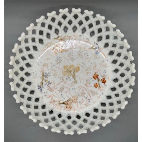 Vtg. Milk Glass Painted Floral Bowl Basket weave Lattice Fruit Compote Open Lace - Picture 2 of 13